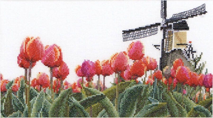 Thea Gouverneur Borduurpakket met telpatroon 473 Voorgesorteerde DMC Garens Bollenveld Tulp Linnen 24 cm x 14 cm DIY Kit
