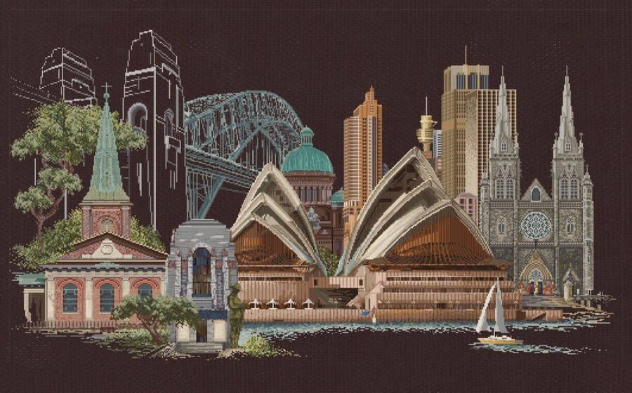 Thea Gouverneur Borduurpakket met telpatroon 480.05 Voorgesorteerde DMC Garens Sydney Zwart Aida 79 cm x 50 cm DIY Kit