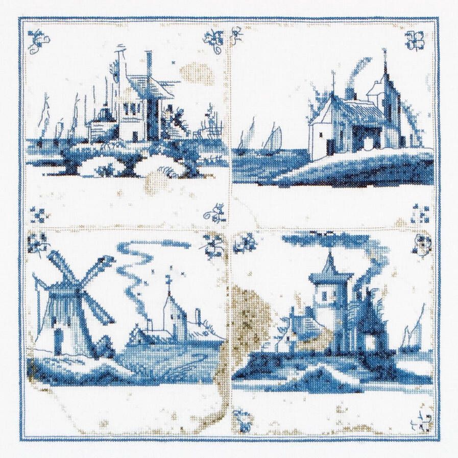 Thea Gouverneur Borduurpakket met telpatroon 484 Voorgesorteerde DMC Garens Delfts Blauwe Tegels Dorpjes Linnen 28 cm x 28 cm DIY Kit