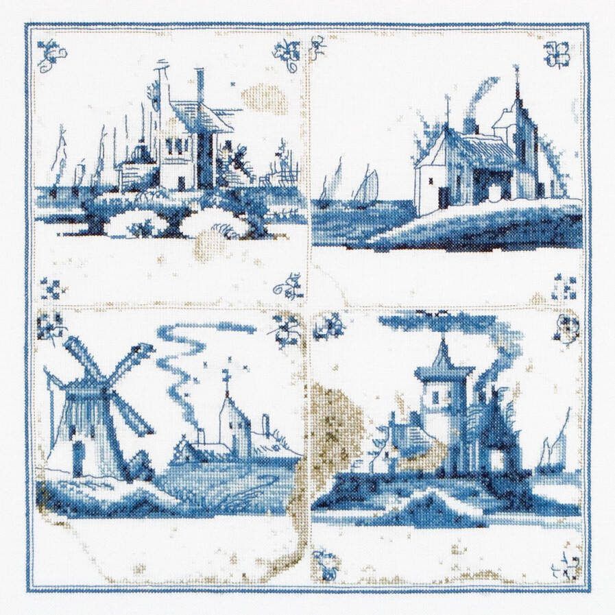 Thea Gouverneur Borduurpakket met telpatroon 484A Voorgesorteerde DMC Garens Delfts Blauwe Tegels Dorpjes Aida 28 cm x 28 cm DIY Kit