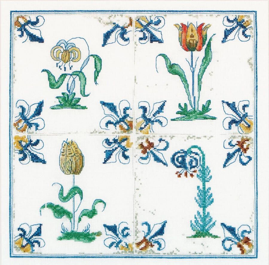 Thea Gouverneur Borduurpakket met telpatroon 485 Voorgesorteerde DMC Garens Delfts Blauwe Tegels Bloemen Linnen 28 cm x 28 cm DIY Kit