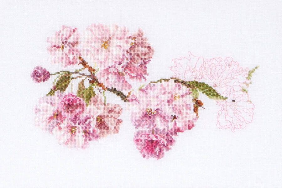 Thea Gouverneur Borduurpakket met telpatroon 512 Voorgesorteerde DMC Garens Prunus Bloesem Linnen 30 cm x 20 cm DIY Kit