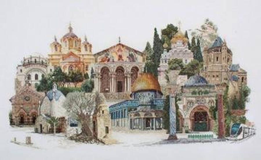 Thea Gouverneur Borduurpakket met telpatroon 533 Voorgesorteerde DMC Garens Jerusalem Israël Linnen 79 cm x 50 cm DIY Kit