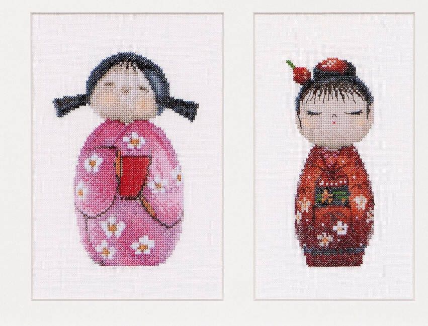 Thea Gouverneur Borduurpakket met telpatroon 547A Voorgesorteerde DMC Garens Kokeshi-poppen Aida 16 cm x 22 cm DIY Kit
