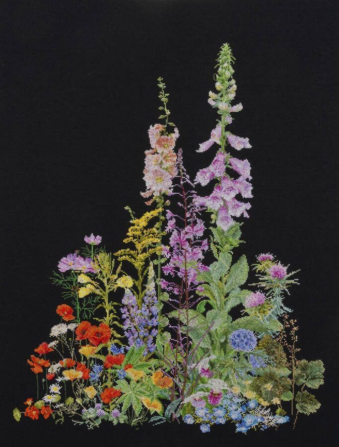 Thea Gouverneur Borduurpakket met telpatroon 554.05 Voorgesorteerde DMC Garens Amerikaanse Wilde Bloemen Zwart Aida 50 cm x 67 cm DIY Kit