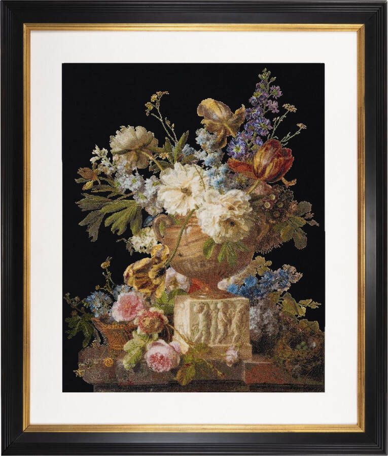 Thea Gouverneur Borduurpakket met telpatroon 580.05 Voorgesorteerde DMC Garens Bloemstilleven met albasten vaas. Gerard van Spaendonck. 1783 Zwart Aida 7 kruisjes cm- 65 cm x 50 cm DIY Kit