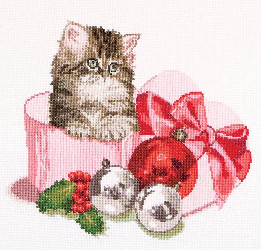 Thea Gouverneur Borduurpakket met telpatroon 731A Voorgesorteerde DMC Garens Kerst Kitten Aida 31 cm x 30 cm DIY Kit