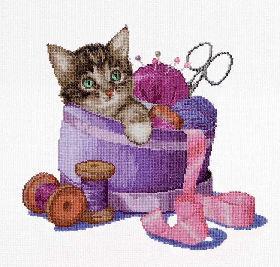 Thea Gouverneur Borduurpakket met telpatroon 736A Voorgesorteerde DMC Garens Naaidoos Kitten Aida 31 cm x 30 cm DIY Kit