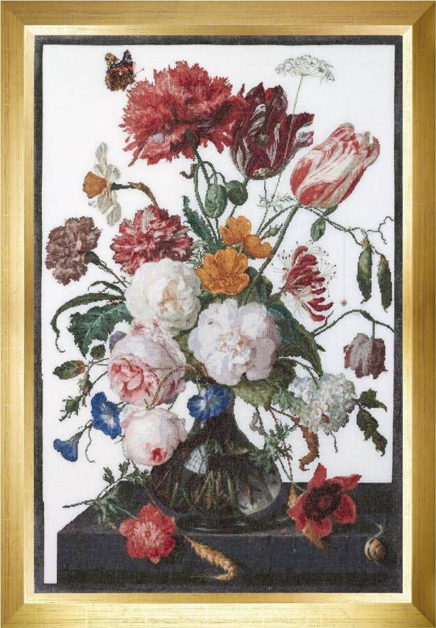 Thea Gouverneur Borduurpakket met telpatroon 785 Voorgesorteerde DMC Garens Stilleven met bloemen in een glazen vaas. Jan Davidsz. de Heem. 1650 1682 Linnen 7 kruisjes cm 72 cm x 49 cm DIY Kit