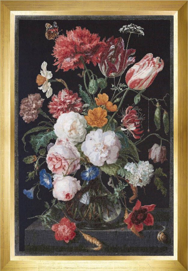 Thea Gouverneur Borduurpakket met telpatroon 785.07 Voorgesorteerde DMC Garens Stilleven met bloemen in een glazen vaas. Jan Davidsz. de Heem. 1650 1683 Zwart Aida 5.5 kruisjes cm 72 cm x 49 cm DIY Kit