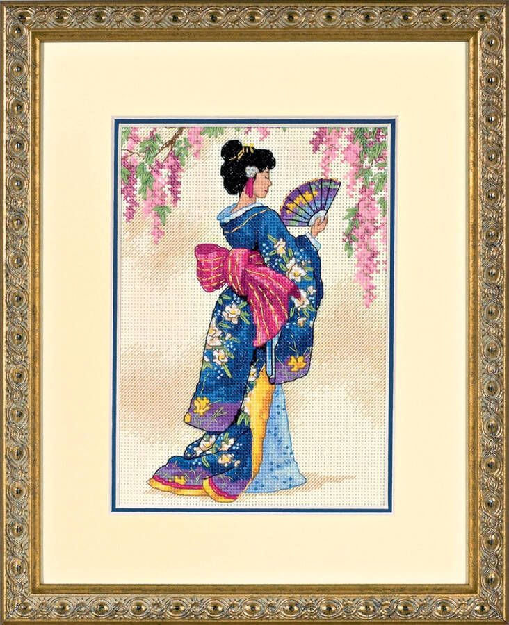 Thea Gouverneur Dimensions Gold Collection Counted Cross Stitch Kit Elegant Geisha 06953 Crafts for Adults 18 count Aida 13 x 18 cm