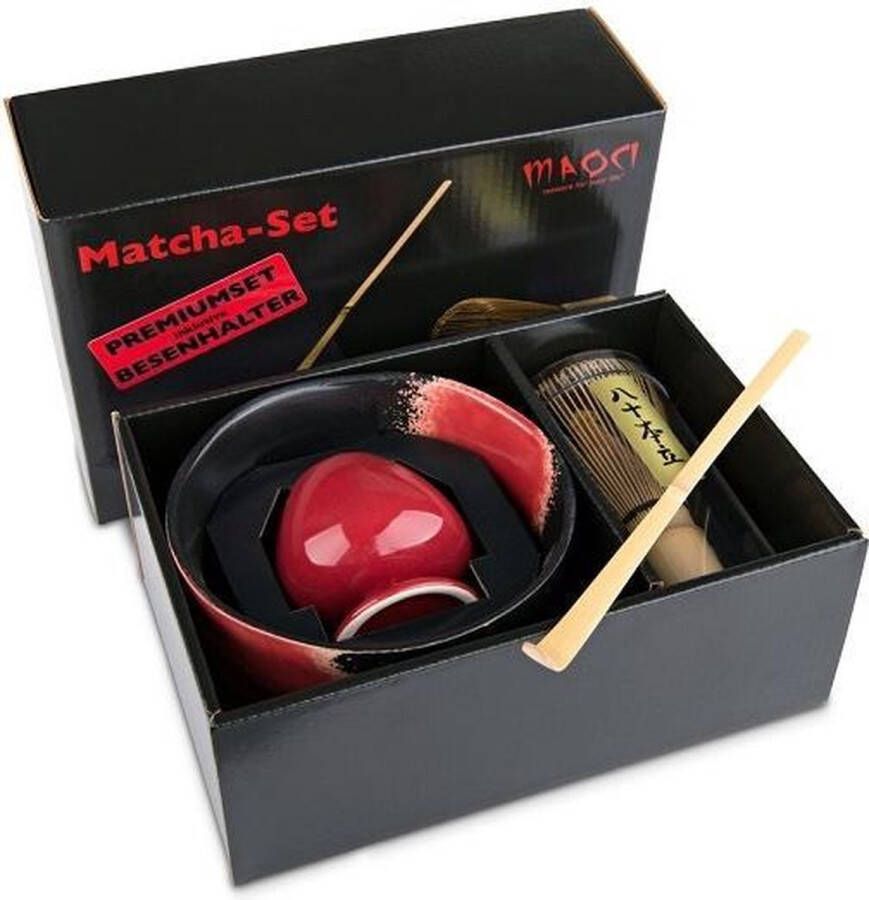 Theeje Matcha thee set inclusief handgemaakte matcha kom Bamboe matcha klopper chasen houder rood en bamboe maatschep Complete Matcha Set