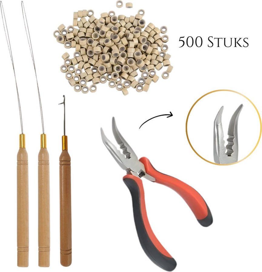 Thef Startset voor Microring Extensions 500 Microringen 2x Microring Loopnaald Haaknaald Gebogen Tang Hairextensions Tools Blond
