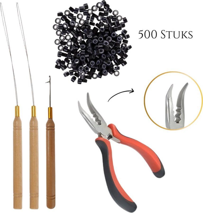 Thef Startset voor Microring Extensions 500 Microringen 2x Microring Loopnaald Haaknaald Gebogen Tang Hairextensions Tools Zwart