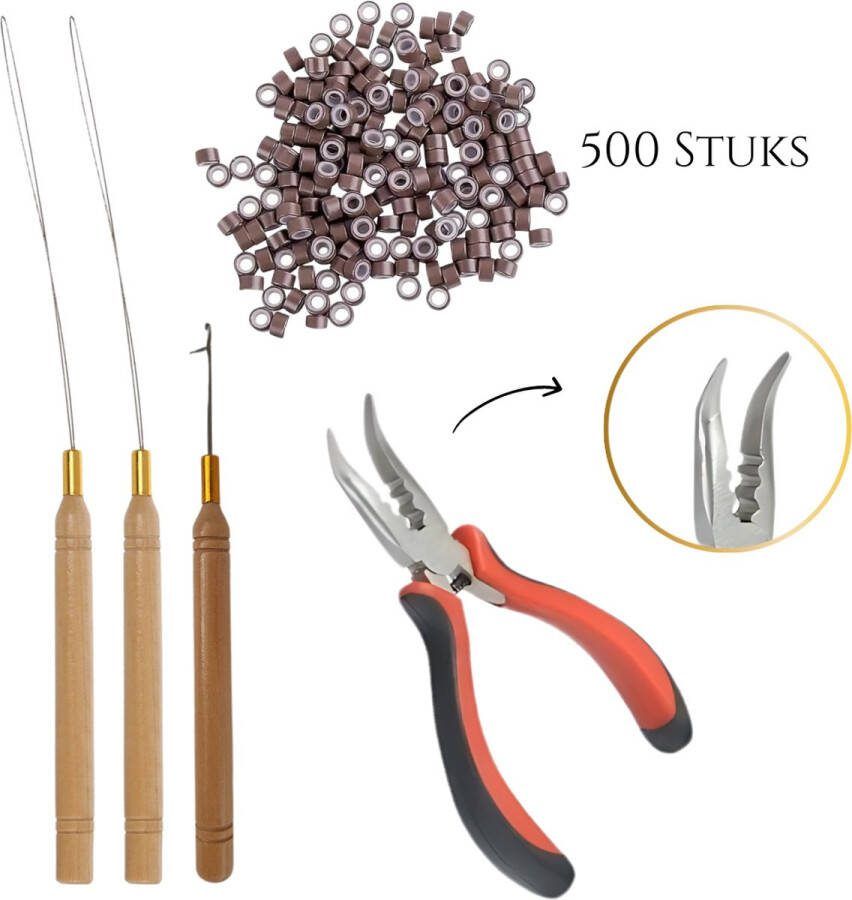Thef Startset voor Microring Extensions 500 Microringen 2x Microring Loopnaald Haaknaald Gebogen Tang Hairextensions Tools Bruin