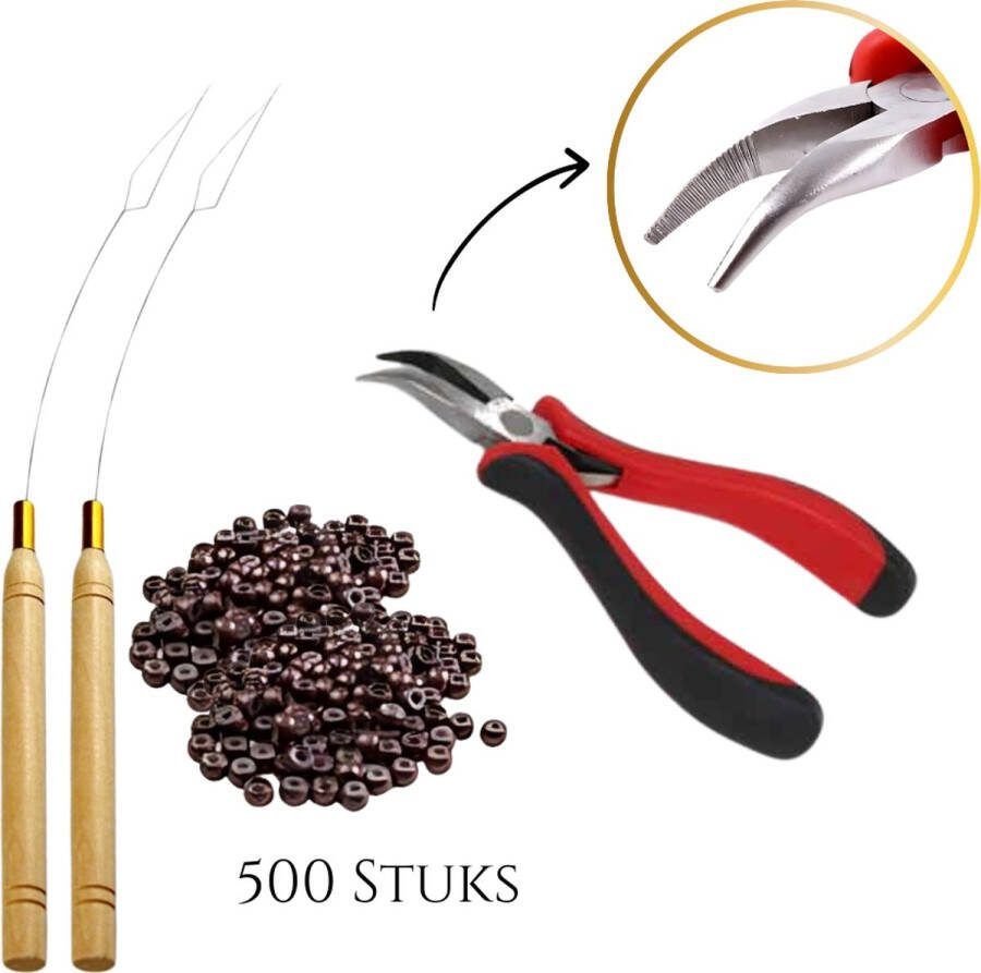 Thef Startset voor Nanoring Extensions 500 Nanoringen 2x Nanoring Loopnaald Gebogen Tang Bruin