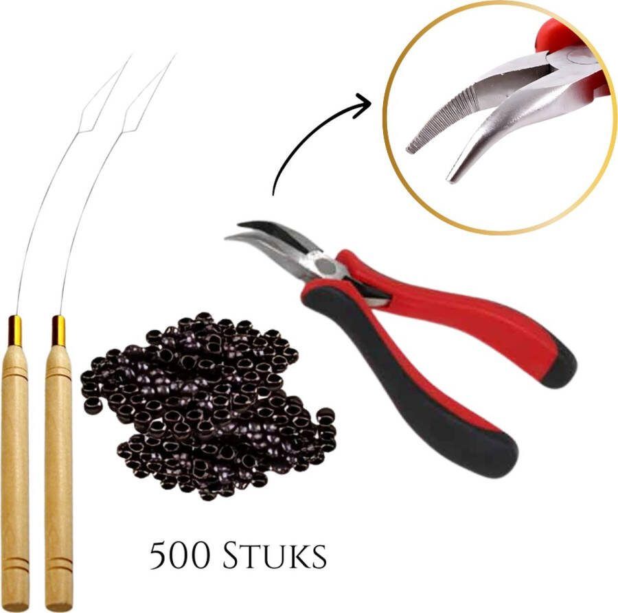 Thef Startset voor Nanoring Extensions 500 Nanoringen 2x Nanoring Loopnaald Gebogen Tang Donkerbruin