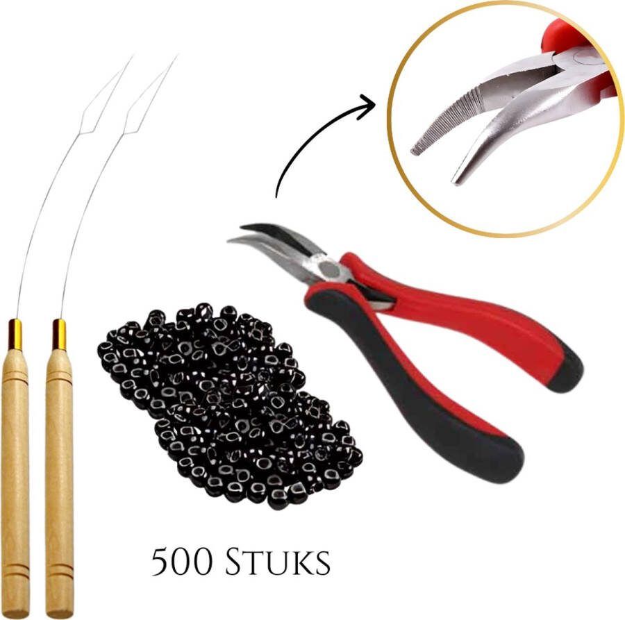 Thef Startset voor Nanoring Extensions 500 Nanoringen 2x Nanoring Loopnaald Gebogen Tang Zwart