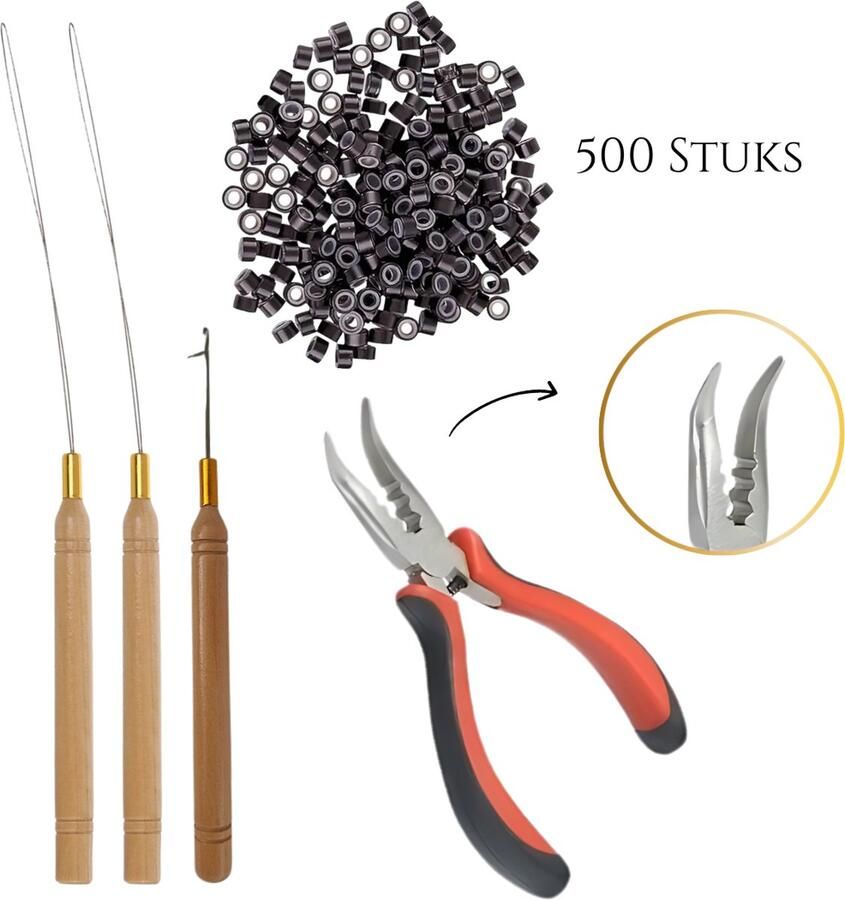 Thef Startset voor Microring Extensions 500 Microringen 2x Microring Loopnaald Haaknaald Gebogen Tang Hairextensions Tools Donkerbruin