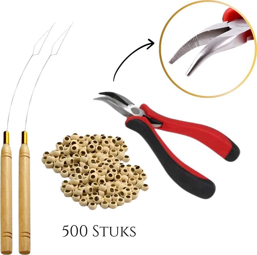 Thef Startset voor Nanoring Extensions 500 Nanoringen 2x Nanoring Loopnaald Gebogen Tang Blond