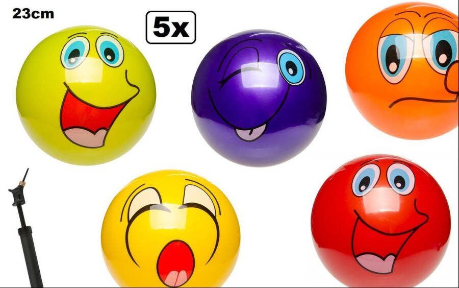 Thema party 5x Speel voetbal smiling face 23 cm in verschillende kleuren met ballenpomp voetbal speelbal strand straat bal