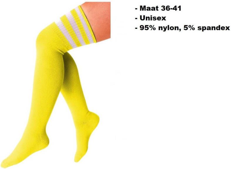 Themaparty Lange sokken geel met witte strepen maat 36-41 kniekousen overknee kousen sportsokken cheerleader carnaval voetbal hockey unisex festival