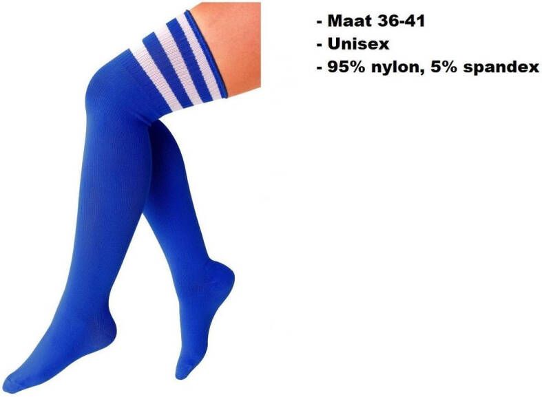 Themaparty Lange sokken kobalt blauw met witte strepen maat 36-41 kniekousen overknee kousen sportsokken cheerleader carnaval voetbal hockey unisex festival