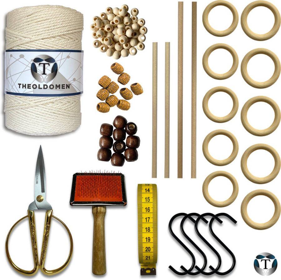 TheOldOmen Deluxe Macramé Pakket Beige 200 METER Triple Twist 3mm Starter Set Schaar S-haken Kam Meetlint Ringen Kralen Stokken Macramé Touw 100% Katoen DIY Macramé Wandkleed Plantenhanger