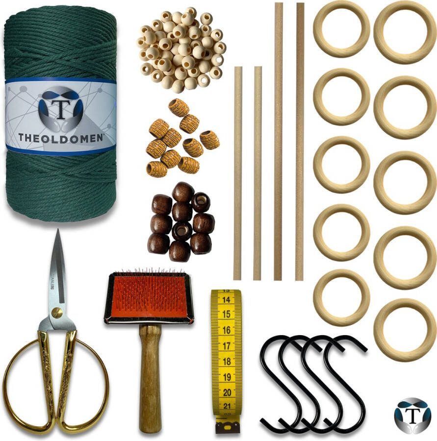 TheOldOmen Deluxe Macramé Pakket Donkergroen 200 METER Triple Twist 3mm Starter Set Schaar S-haken Kam Meetlint Ringen Kralen Stokken Macramé Touw 100% Katoen DIY Macramé Wandkleed Plantenhanger