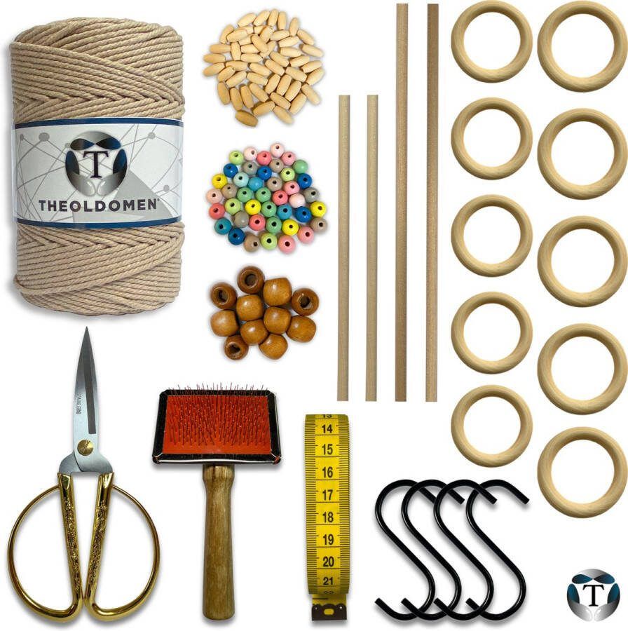 TheOldOmen Deluxe Macramé Pakket Earth 200 METER Triple Twist 3mm Starter Set Schaar S-haken Kam Meetlint Ringen Kralen Stokken Macramé Touw 100% Katoen DIY Macramé Wandkleed Plantenhanger