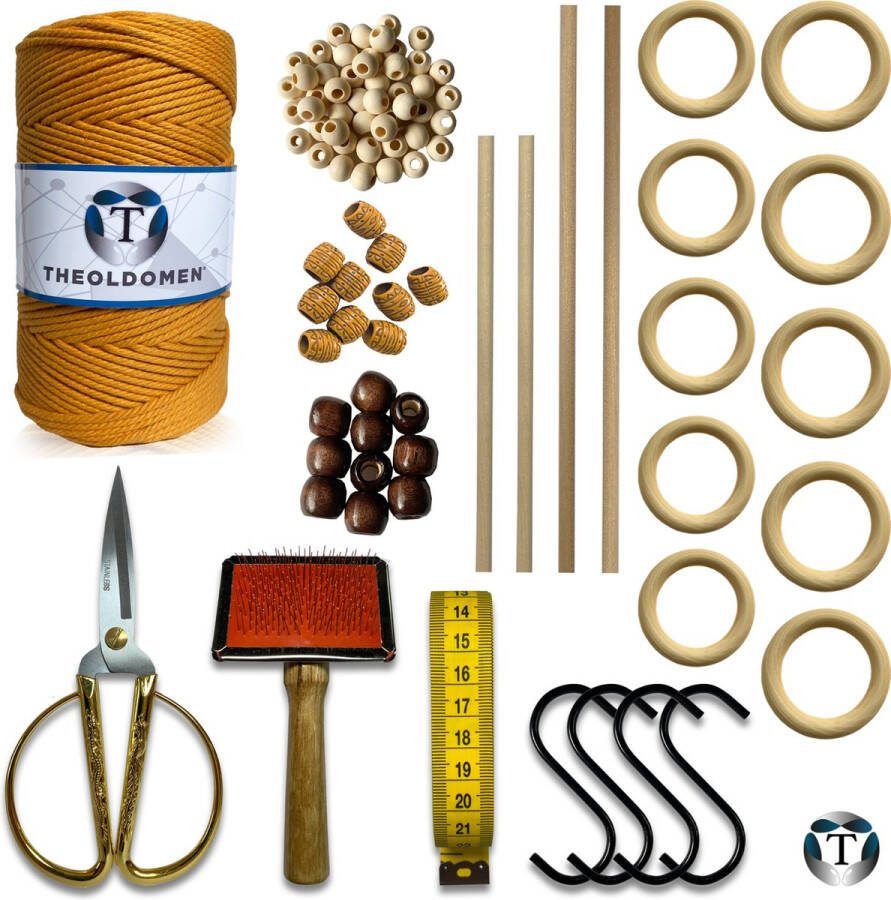 TheOldOmen Deluxe Macramé Pakket Goudgeel 200 METER Triple Twist 3mm Starter Set Schaar S-haken Kam Meetlint Ringen Kralen Stokken Macramé Touw 100% Katoen DIY Macramé Wandkleed Plantenhanger