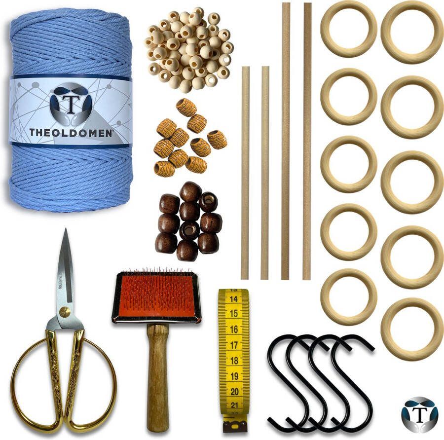 TheOldOmen Deluxe Macramé Pakket Lichtblauw 200 METER Triple Twist 3mm Starter Set Schaar S-haken Kam Meetlint Ringen Kralen Stokken Macramé Touw 100% Katoen DIY Macramé Wandkleed Plantenhanger