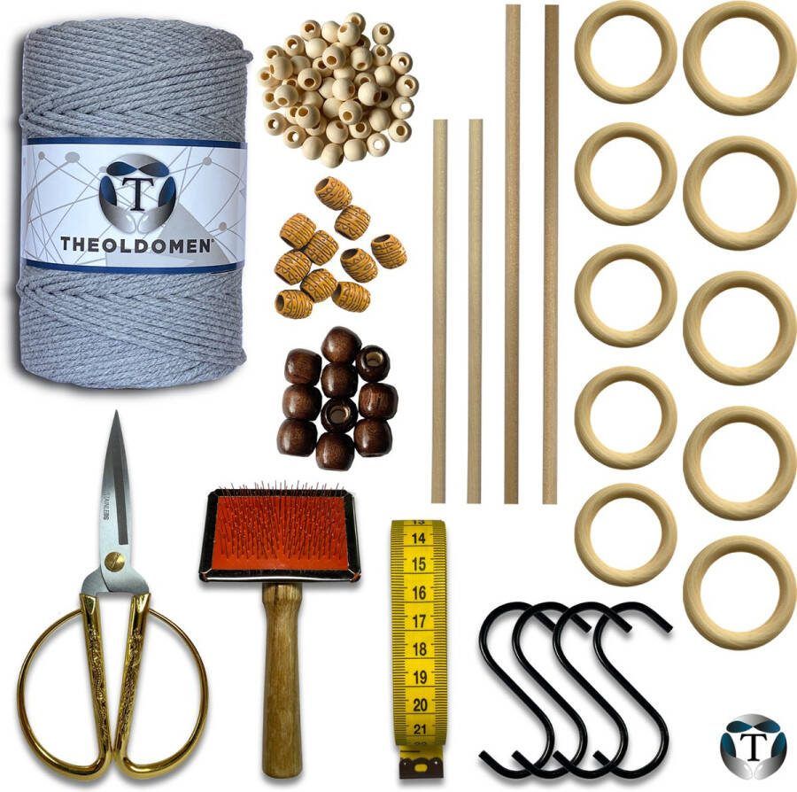 TheOldOmen Deluxe Macramé Pakket Lichtgrijs 200 METER Triple Twist 3mm Starter Set Schaar S-haken Kam Meetlint Ringen Kralen Stokken Macramé Touw 100% Katoen DIY Macramé Wandkleed Plantenhanger