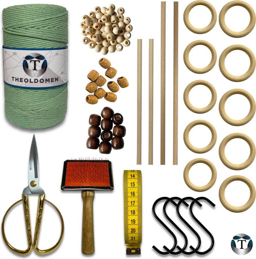 TheOldOmen Deluxe Macramé Pakket Mintgroen 200 METER Triple Twist 3mm Starter Set Schaar S-haken Kam Meetlint Ringen Kralen Stokken Macramé Touw 100% Katoen DIY Macramé Wandkleed Plantenhanger