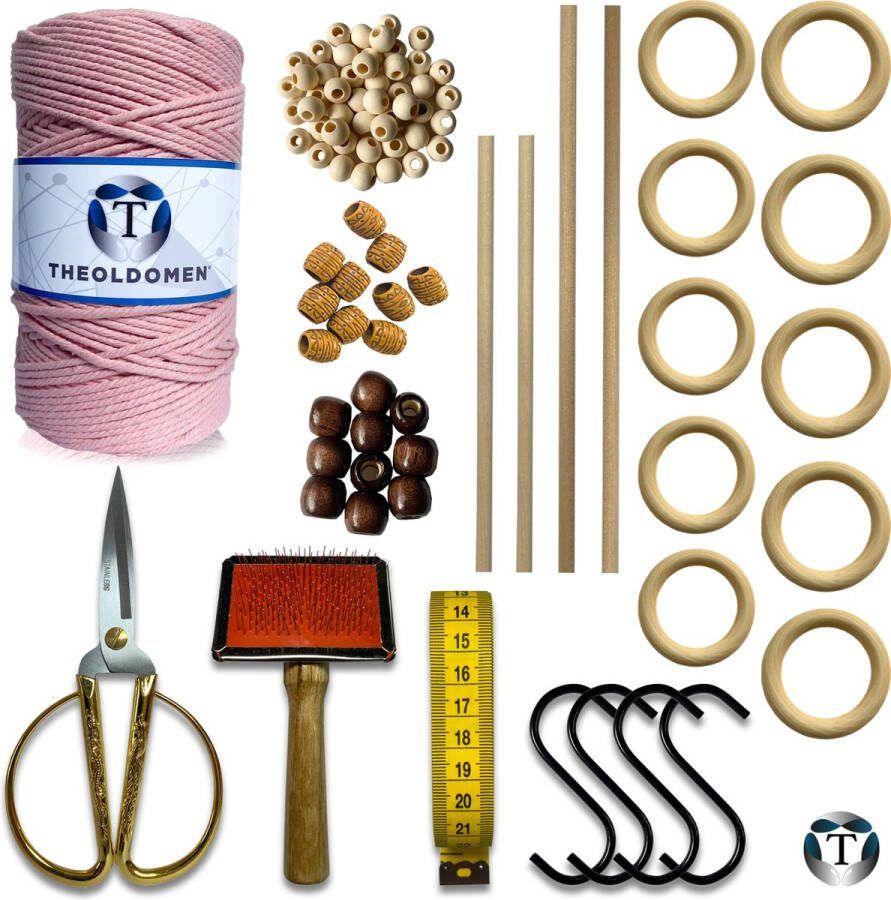 TheOldOmen Deluxe Macramé Pakket Nude Roze 200 METER Triple Twist 3mm Starter Set Schaar S-haken Kam Meetlint Ringen Kralen Stokken Macramé Touw 100% Katoen DIY Macramé Wandkleed Plantenhanger