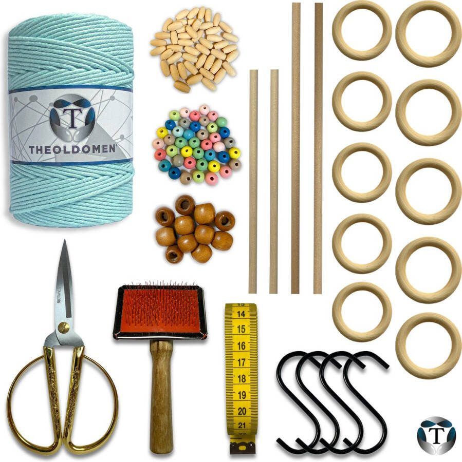 TheOldOmen Deluxe Macramé Pakket Ocean Blue 200 METER Triple Twist 3mm Starter Set Schaar S-haken Kam Meetlint Ringen Kralen Stokken Macramé Touw 100% Katoen DIY Macramé Wandkleed Plantenhanger