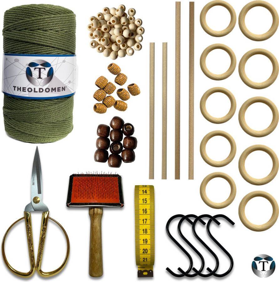 TheOldOmen Deluxe Macramé Pakket Olijfgroen 200 METER Triple Twist 3mm Starter Set Schaar S-haken Kam Meetlint Ringen Kralen Stokken Macramé Touw 100% Katoen DIY Macramé Wandkleed Plantenhanger