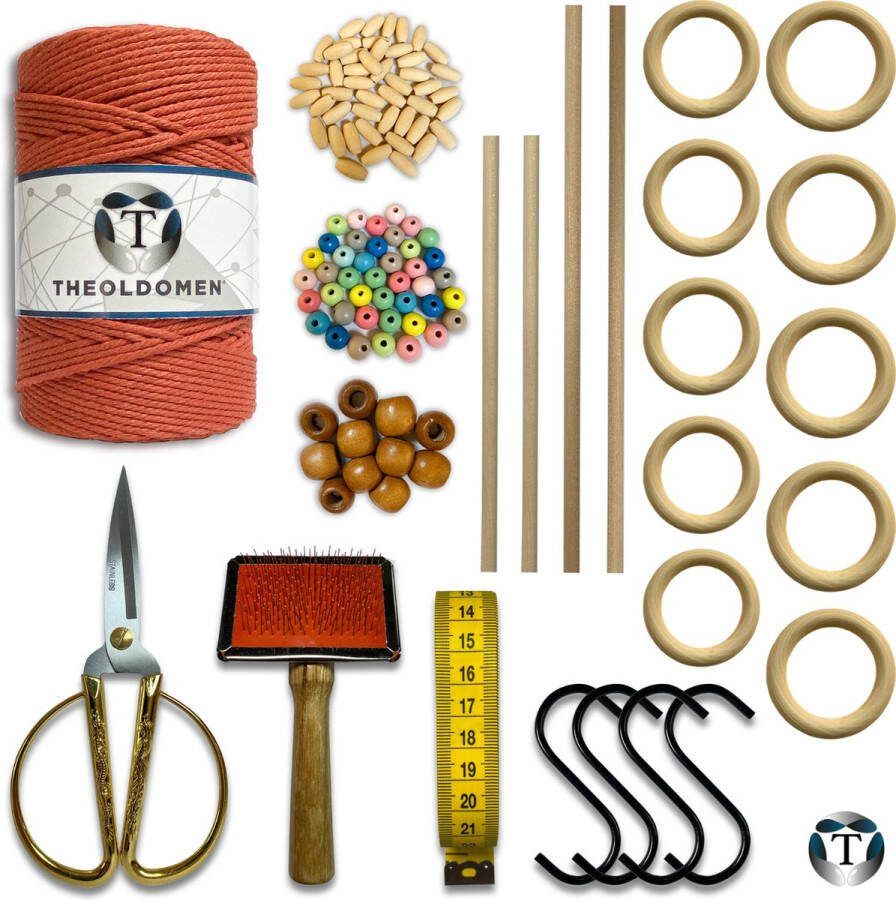 TheOldOmen Deluxe Macramé Pakket Rust 200 METER Triple Twist 3mm Starter Set Schaar S-haken Kam Meetlint Ringen Kralen Stokken Macramé Touw 100% Katoen DIY Macramé Wandkleed Plantenhanger