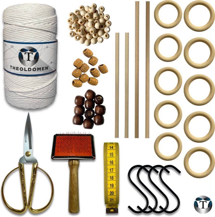 TheOldOmen Deluxe Macramé Pakket Wit 200 METER Triple Twist 3mm Starter Set Schaar S-haken Kam Meetlint Ringen Kralen Stokken Macramé Touw 100% Katoen DIY Macramé Wandkleed Plantenhanger