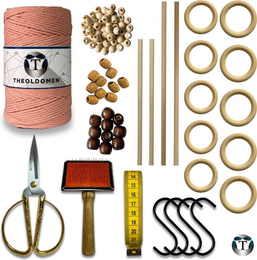 TheOldOmen Deluxe Macramé Pakket Zalmroze 200 METER Triple Twist 3mm Starter Set Schaar S-haken Kam Meetlint Ringen Kralen Stokken Macramé Touw 100% Katoen DIY Macramé Wandkleed Plantenhanger