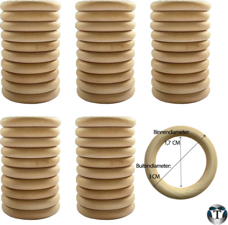 TheOldOmen Houten Ringen Set van 50 stuks 3 CM Hobby DIY Maten Doe het zelf Ringen Kralen Macramé Plantenhanger Wandkleed Woondecoratie Interieur Natuurlijk Onbewerkt