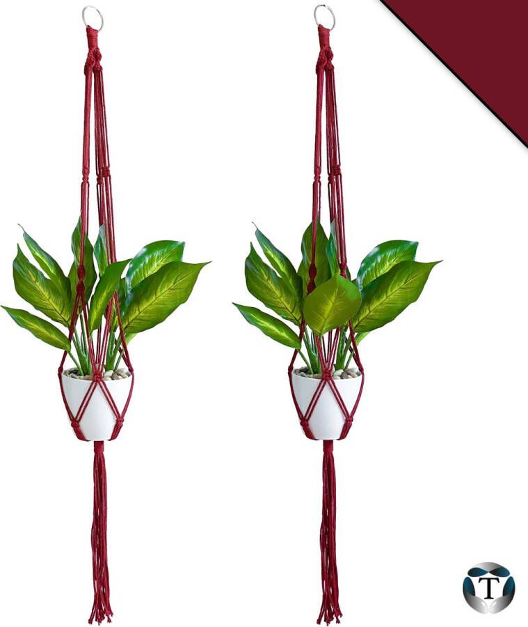 TheOldOmen Luxe Plantenhangers | Bordeaux Rood | Set van 2 stuks | 100 cm | 100% Katoen | Handgemaakt | Macramé | Plantenpot Ophangen | Binnen & Buiten | Planten | |