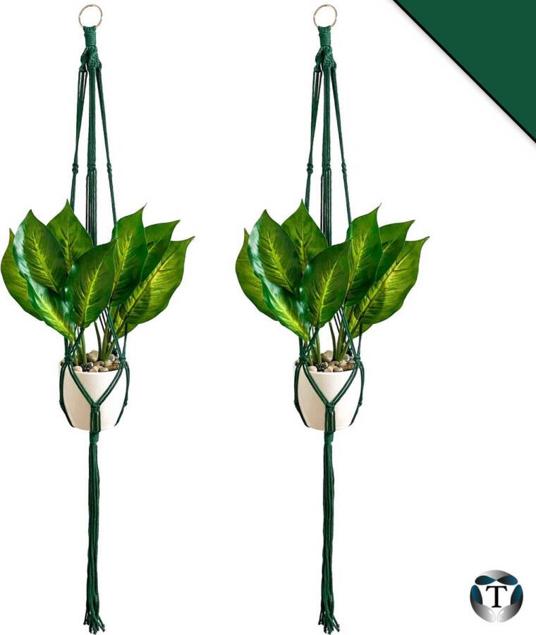 Merkloos Sans marque Luxe Plantenhangers | Donkergroen | Set van 2 stuks | 100 cm | 100% Katoen | Handgemaakt | Macramé | Plantenpot Ophangen | Binnen & Buiten | Planten | TheOldOmen |