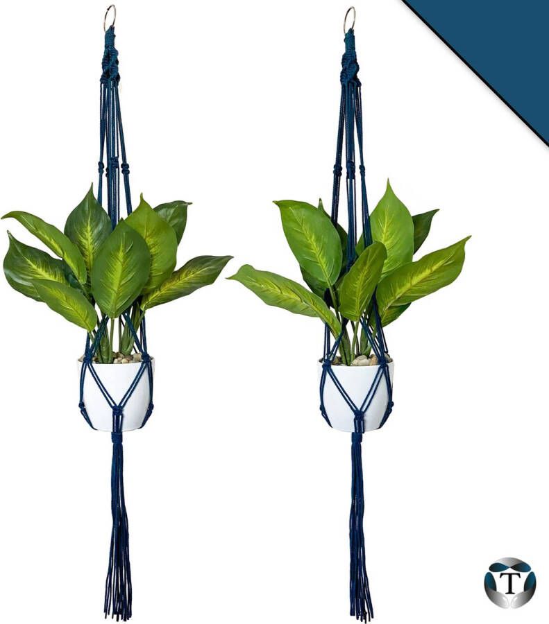 TheOldOmen Luxe Plantenhangers | Peacock Blue| Set van 2 stuks | 100 cm | 100% Katoen | Handgemaakt | Macramé | Plantenpot Ophangen | Binnen & Buiten | Planten | |