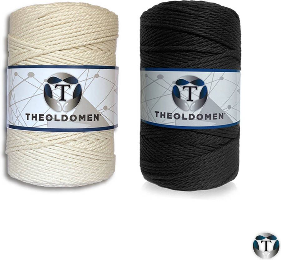 TheOldOmen Macramé Koord Bundelkorting 400 meter Beige Zwart 100% Katoen Macramé Touw 3mm Triple Twist Plantenhanger Dromenvanger Wandkleed Weven Knopen Breien Haken DIY