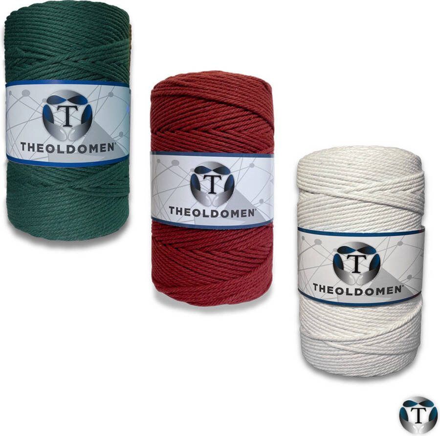 TheOldOmen Macramé Koord Bundelkorting 600 meter Donkergroen Bordeaux Rood Wit 100% Katoen Macramé Touw 3mm Triple Twist Plantenhanger Dromenvanger Wandkleed Weven Knopen Breien Haken DIY