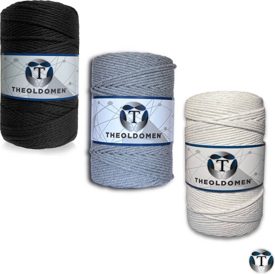 TheOldOmen Macramé Koord | Bundelkorting | 600 meter | Zwart | Wit | Lichtgrijs | 100% Katoen | Macramé | Macramé Touw | 3mm | Triple Twist | Plantenhanger | Dromenvanger | Wandkleed | Weven | Knopen | Breien | Haken | DIY | |