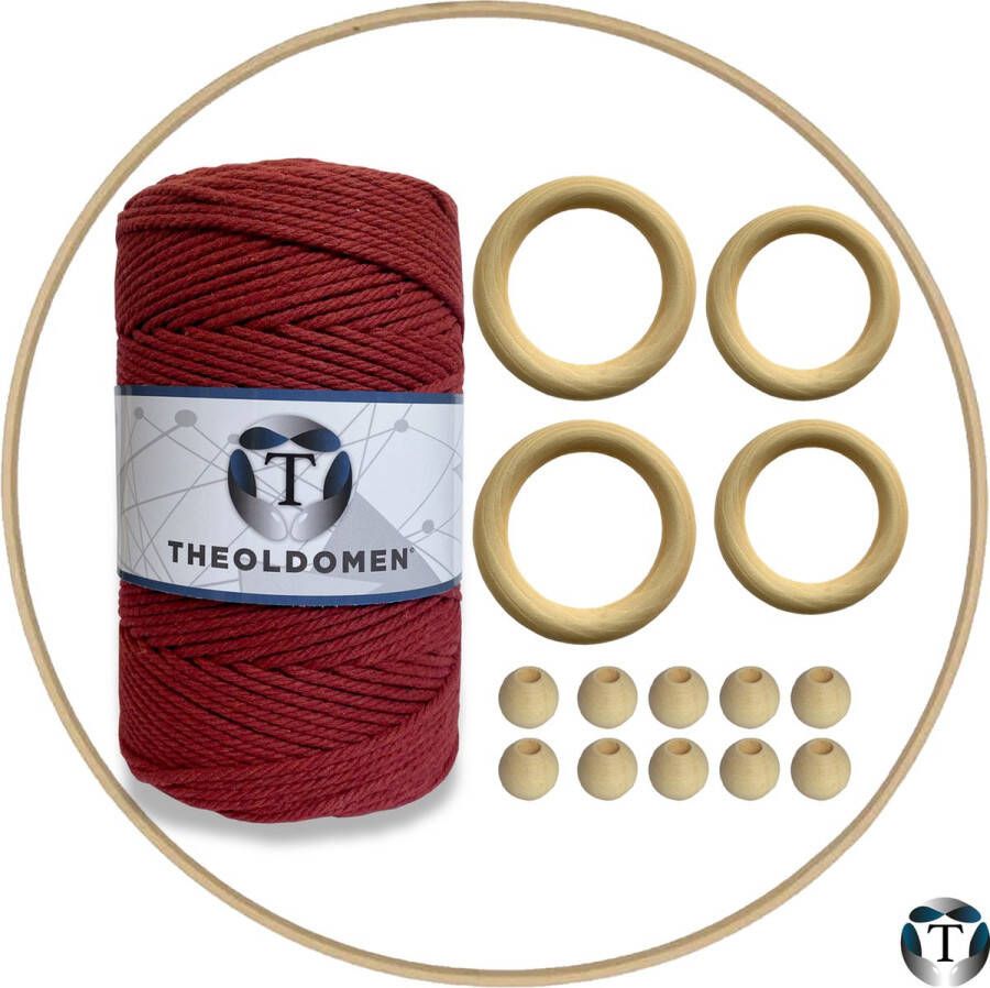 TheOldOmen Macramé Pakket | 200 METER | Bordeaux Rood | Starter Set | Ringen | Kralen | Hout | Macramé Touw | 3mm | 100% Katoen | Macramé | Decoratie | DIY | Doe Het Zelf | Wandkleed | Dromenvanger | Plantenhanger | Tassen | |