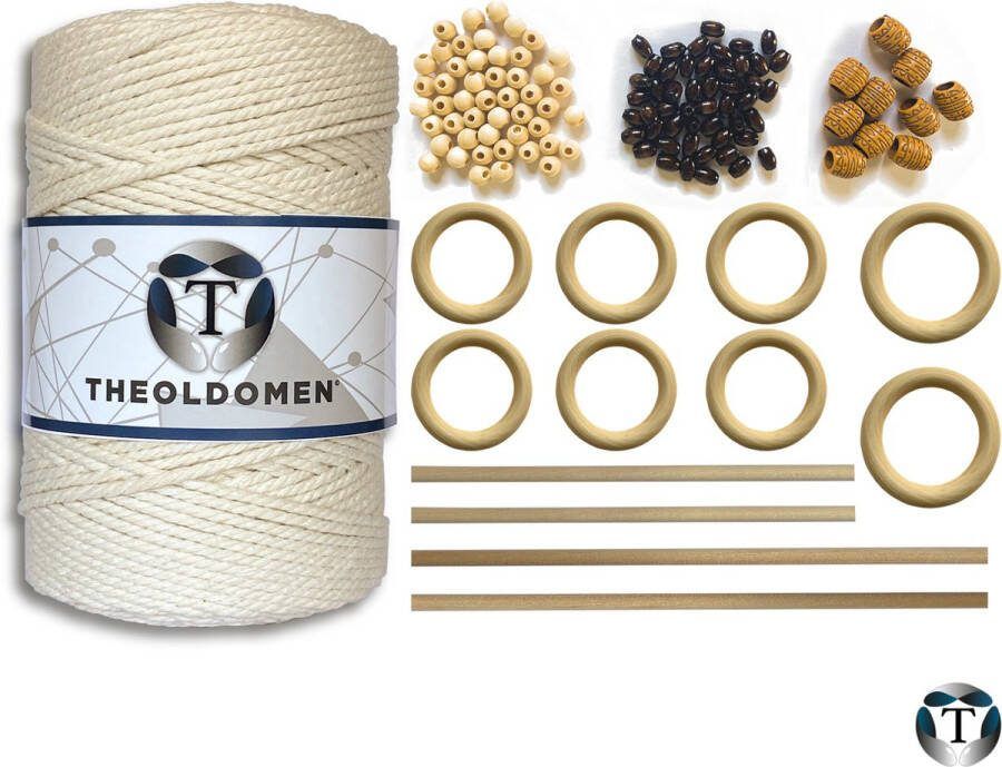 TheOldOmen Macramé Pakket 200 METER Incl. Handleiding Beige Starter Set Ringen Kralen |Stokken Macramé Touw 3mm 100% Katoen Macramé Decoratie DIY Doe Het Zelf Wandkleed Dromenvanger Plantenhanger Tassen