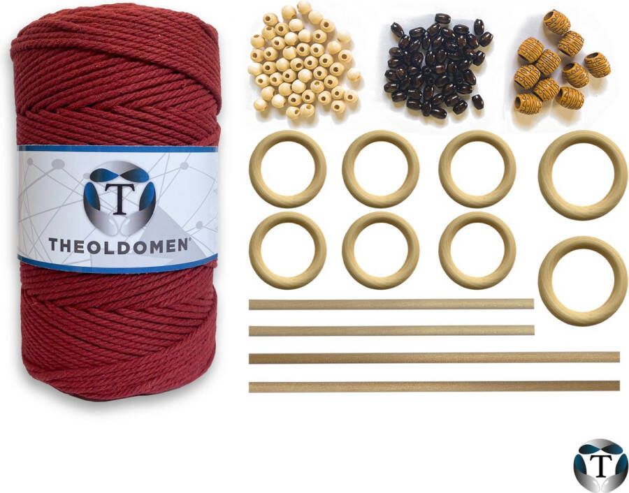 TheOldOmen Macramé Pakket | 200 METER | Incl. Handleiding | Bordeaux | Starter Set | Ringen | Kralen |Stokken | Macramé Touw | 3mm | 100% Katoen | Macramé | Decoratie | DIY | Doe Het Zelf | Wandkleed | Dromenvanger | Plantenhanger | Tassen | |